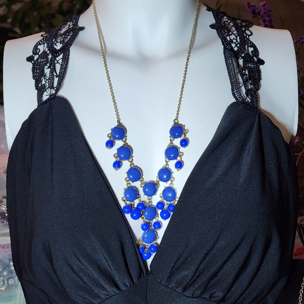 Blue Acrylic Bubble Statement Necklace With Silvertone Chain